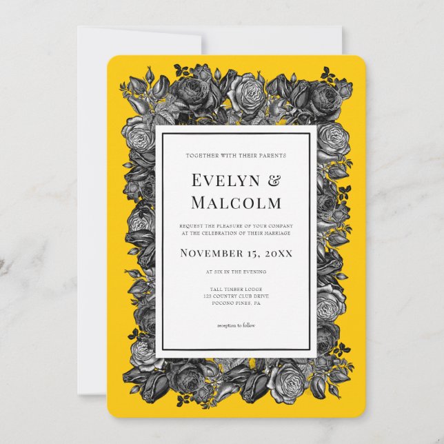 Black and White Roses Goldenrod Wedding Invitation (Front)