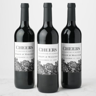 Black and White Roses Gothic Wedding Wine Label