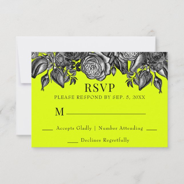 Black and White Roses Lime Green Wedding RSVP Card (Front)