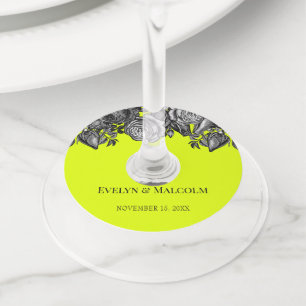 Black and White Roses Lime Green Wedding Wine Glass Tag