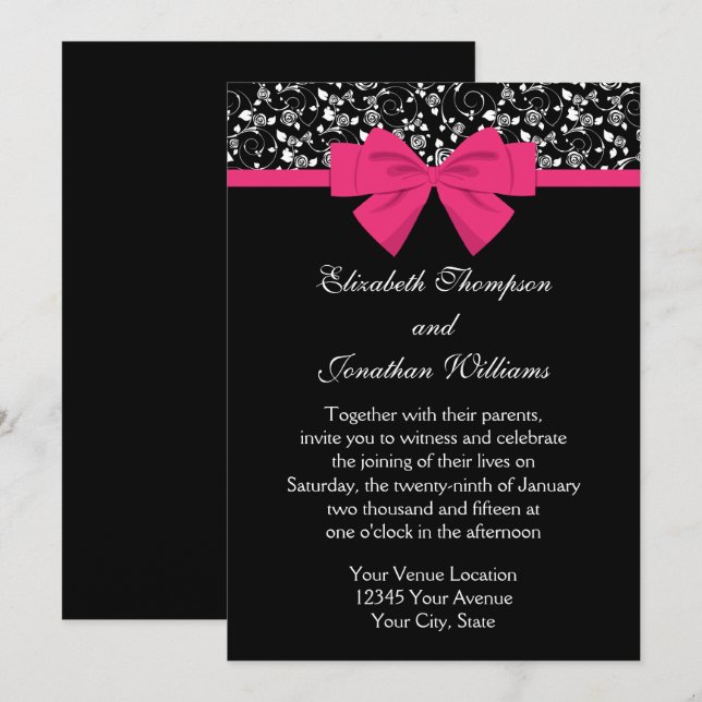 Black and White Roses Pink Bow Invitation (Front/Back)