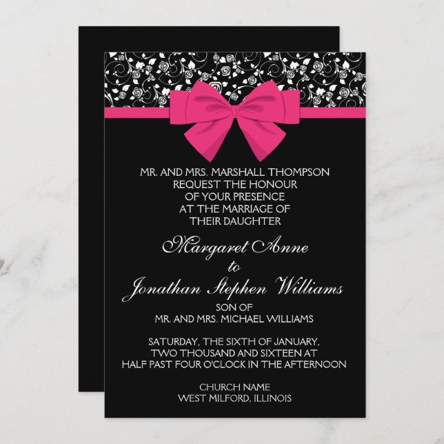 Black and White Roses Pink Bow Invitation (Front/Back)