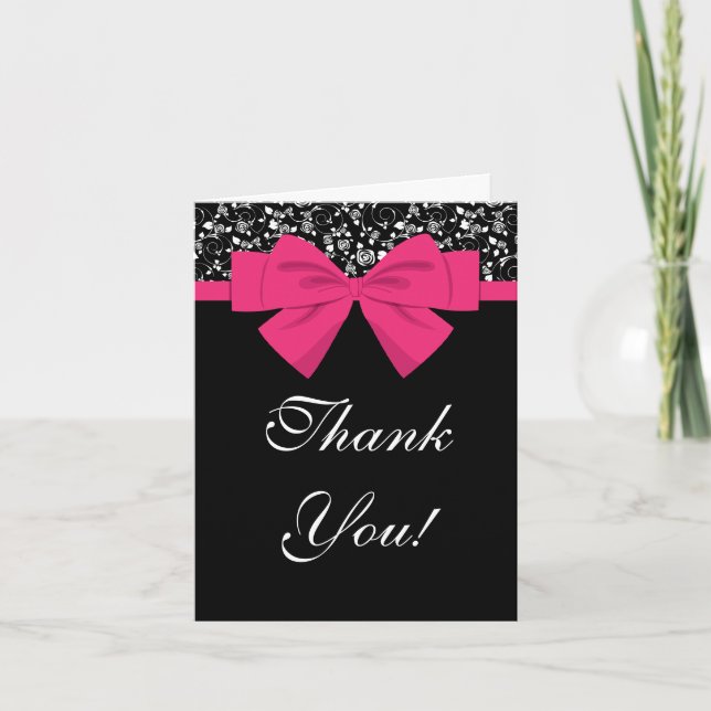Black and White Roses Pink Bow Thank You Card (Front)