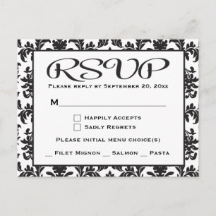 Black And White RSVP Damask Wedding / Party Invitation Postcard