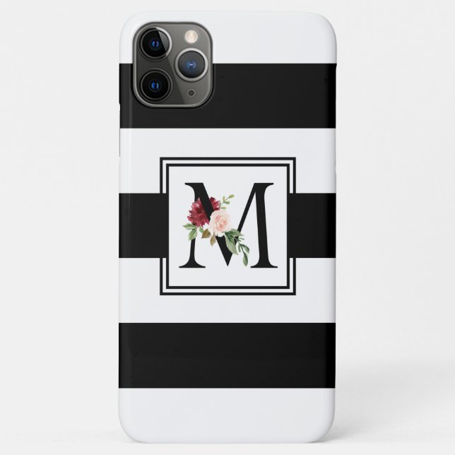 Black and White Rugby Stripes Monogram Initial M Case-Mate iPhone Case (Back)