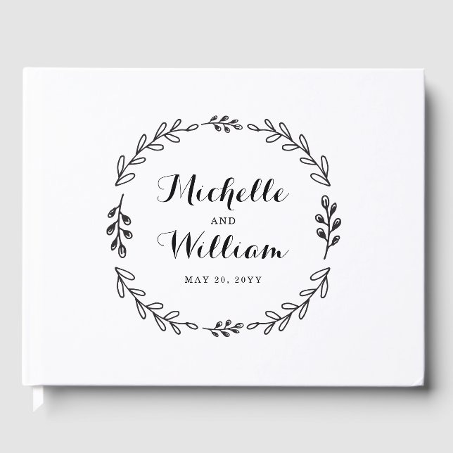 Black and White Rustic Laurel Wreath Wedding Guest Book (Front)