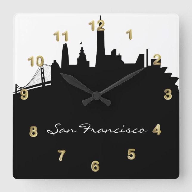 Black and White San Francisco Skyline Square Wall Clock (Front)