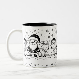 Black and White Santa Claus with Reindeers Two-Tone Coffee Mug