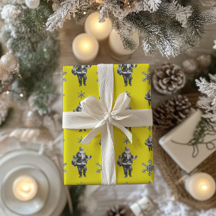 Black and White Santa Line Art Neon Yellow Wrapping Paper