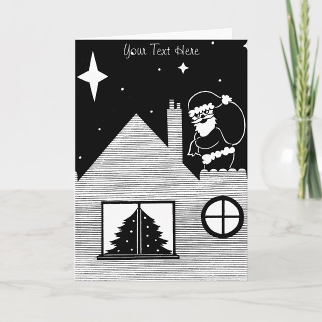 black and white santa with sack on roof christmas holiday card (Front)