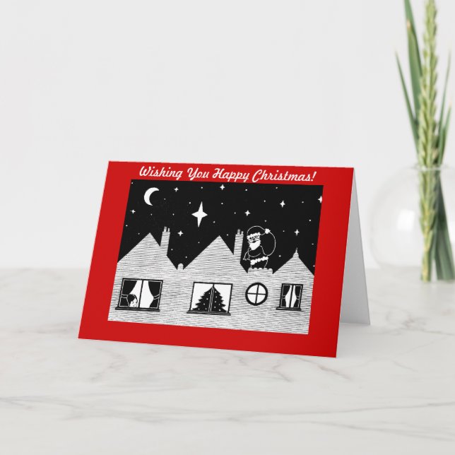 black and white santa with sack on roof christmas holiday card (Front)