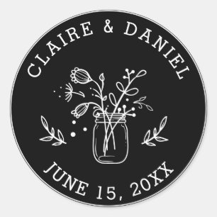 Black and White Save the Date Mason Jar Flowers Classic Round Sticker