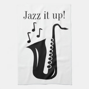 Black and white saxophone monogram kitchen towel