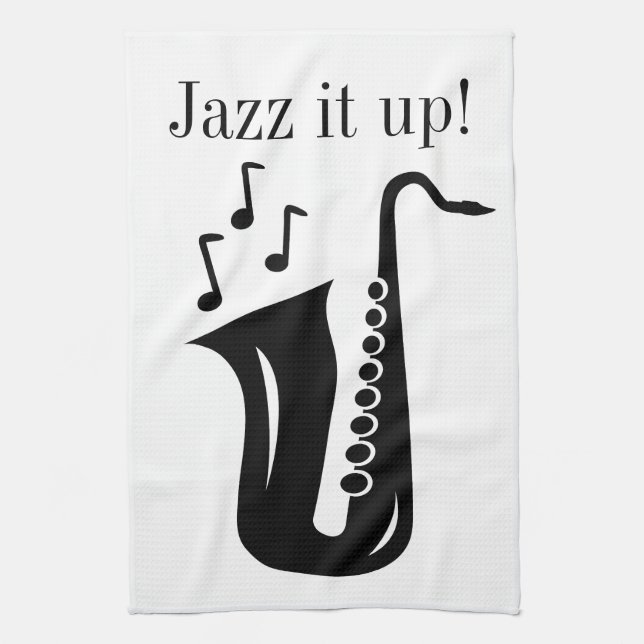 Black and white saxophone monogram kitchen towel (Vertical)