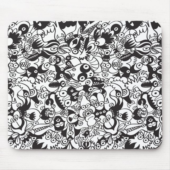Black and white scary monsters in doodle art style mouse pad (Front)