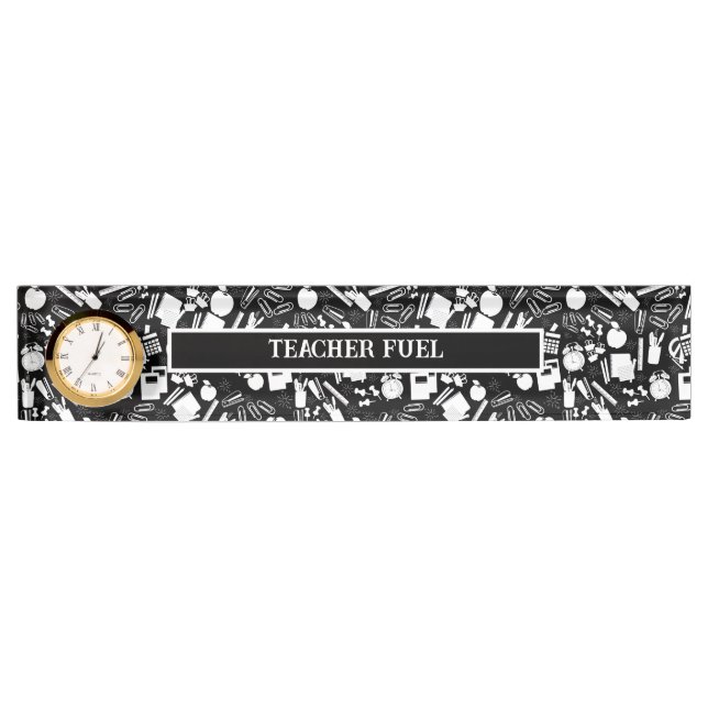 black and white School Supplies Pattern Nameplate (Front)