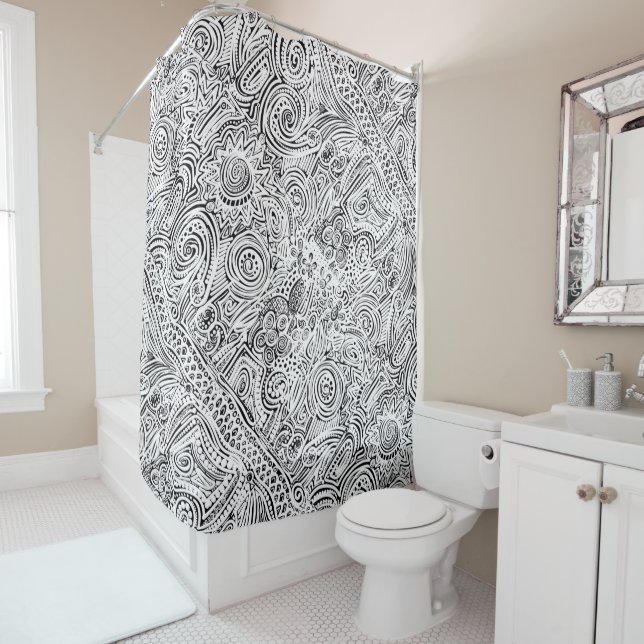 Black And White Scratch Art Shower Curtain (In Situ)