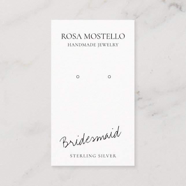 Black and White Script Bridesmaid Earring Display Business Card (Back)
