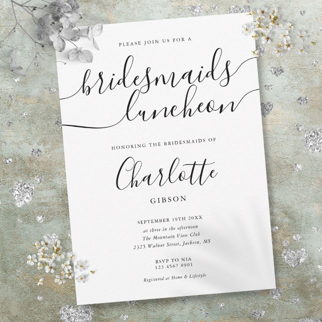 Black And White Script Bridesmaids Luncheon Invitation (Black And White Script Bridesmaids Luncheon Invitation)