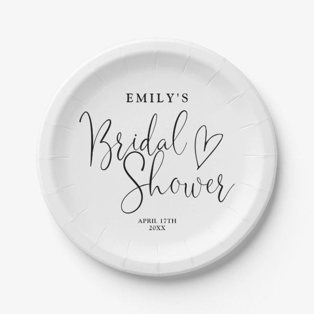 Black And White Script Calligraphy Bridal Shower Paper Plate (Front)