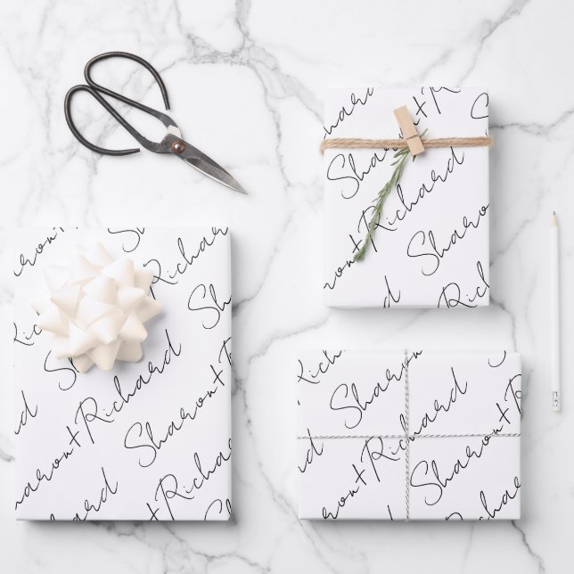 Black and white script calligraphy names wedding wrapping paper sheet (Front)