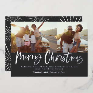 Black and white script merry christmas multi photo foil holiday card