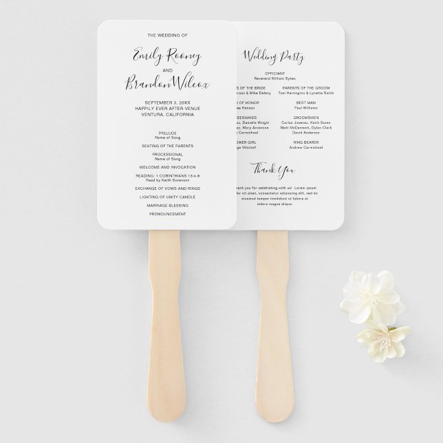 Black and White Script Modern Wedding Program Hand Fan (Front and Back)