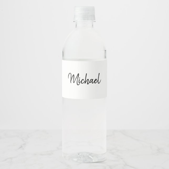 Black and White Script Name Birthday Water Bottle Label (Front)