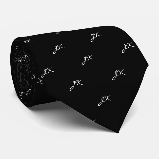 Black and White Script Pattern Monogram Tie (Rolled)
