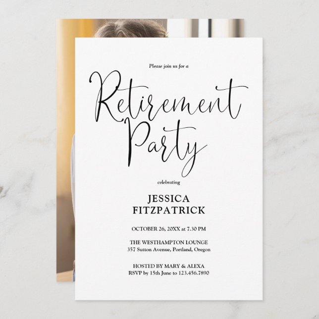 Black And White Script Photo Retirement Party Invitation (Front/Back)