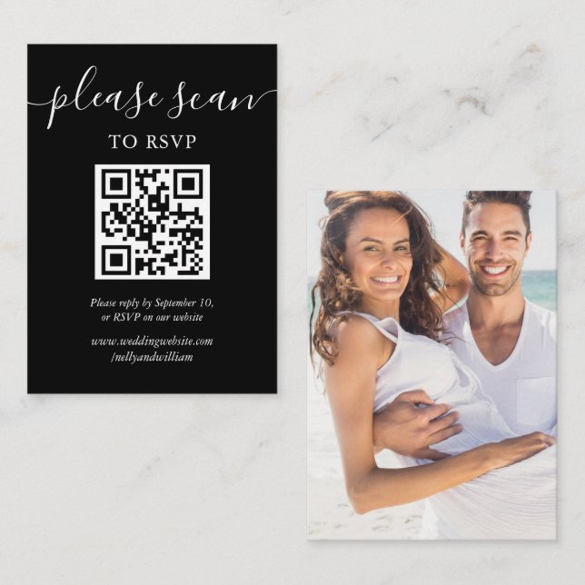 Black And White Script RSVP QR Code Photo Enclosure Card (Front/Back)