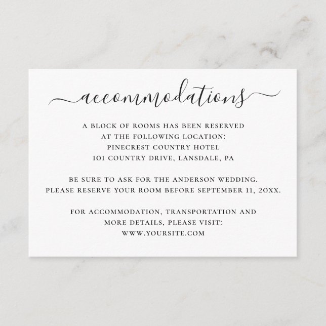 Black and white script wedding accommodations enclosure card (Front)