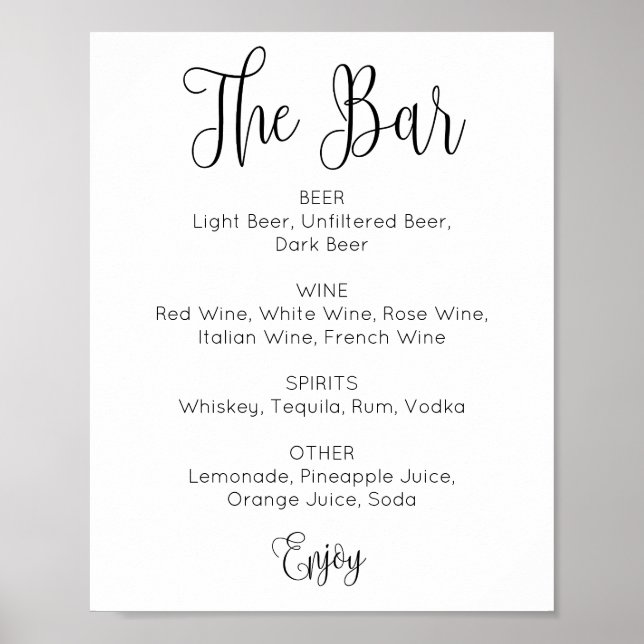 Black and white script wedding bar. Alcohol drinks Poster (Front)
