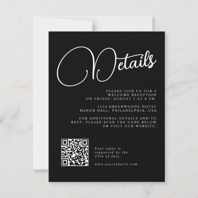 Black and White Script Wedding Details RSVP Card (Front)