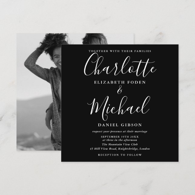 Black And White Script Wedding Monochrome Photo Invitation (Front/Back)