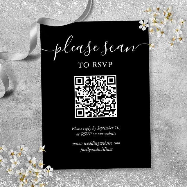 Black And White Script Wedding RSVP QR Code  Enclosure Card (Black And White Script Wedding RSVP QR Code Enclosure Card)