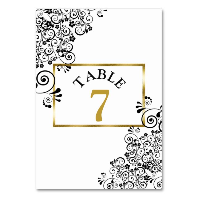 Black and White Script Wedding Table Number Card (Front)