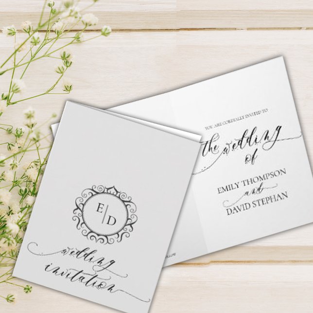 Black And White Script Whimsical Monogram Wedding Invitation (Creator Uploaded)