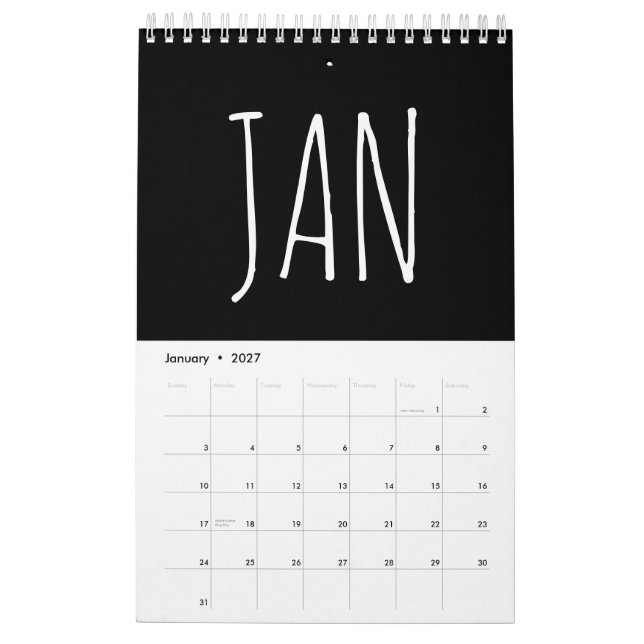Black and White Script Writing 2026 Calendar (Jan 2027)