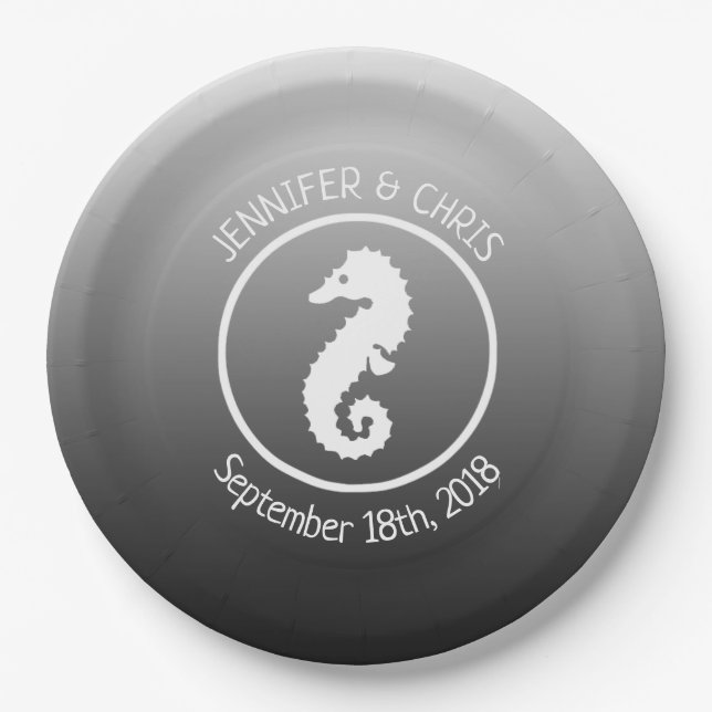 Black and White Seahorse  Paper Plates (Front)