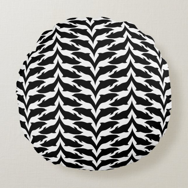 Black and White Seamless Pattern - Dolphin Round Pillow (Front)