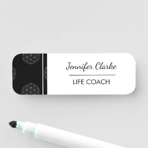 Black and white seed of life pattern name tag