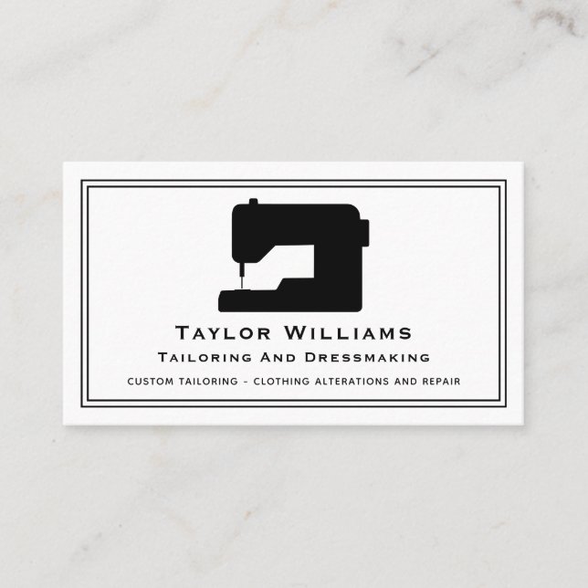 Black And White Sewing Machine Seamstress Tailor Business Card (Front)