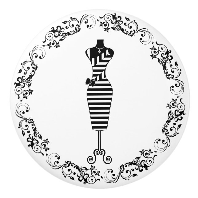 Black and White Sewing Room Bodice Dress Form Cera Ceramic Knob (Front)