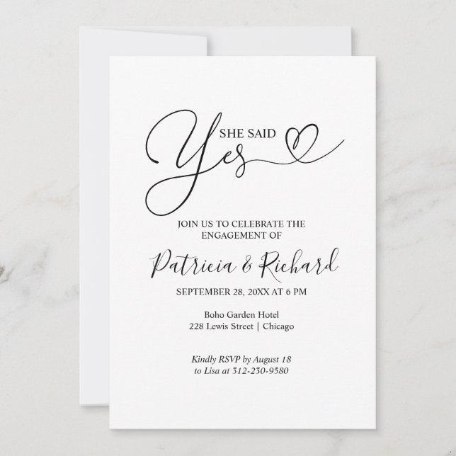 Black And White She Said Yes Engagement Party  Announcement (Front)