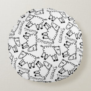 Black and White Sheep Doodle Pattern Round Pillow