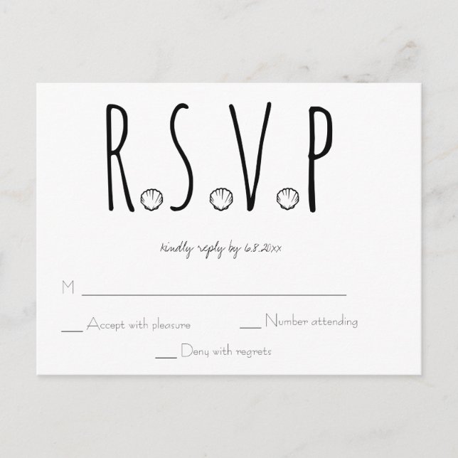 Black and White Shell Beach Wedding RSVP Card (Front)
