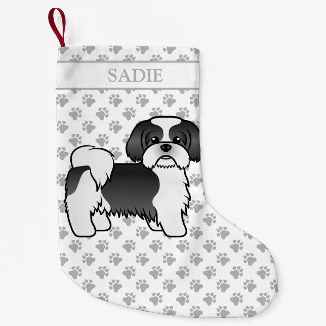 Black And White Shih Tzu Cartoon Dog & Name Small Christmas Stocking (Front)