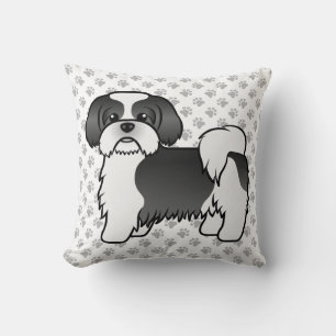 Black And White Shih Tzu Cartoon Dog & Paws Throw Pillow