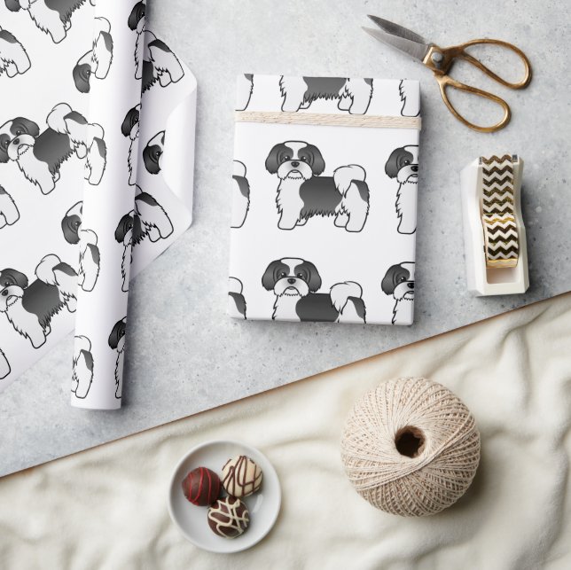 Black And White Shih Tzu Cute Cartoon Dog Pattern Wrapping Paper (Crafts)
